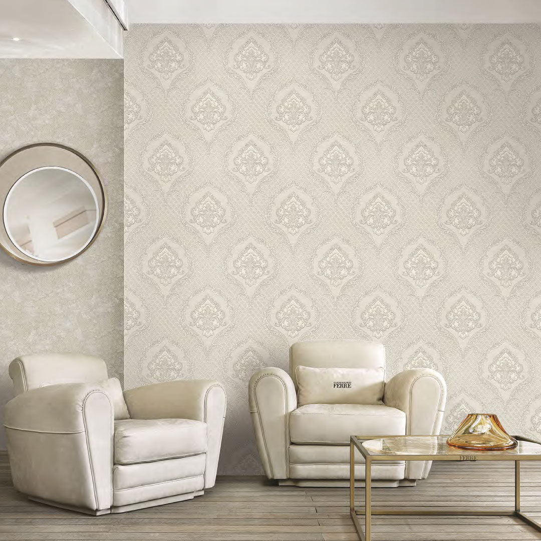 Papel Tapiz Beige Elegante para Sala con Diseño Damasco Clásico