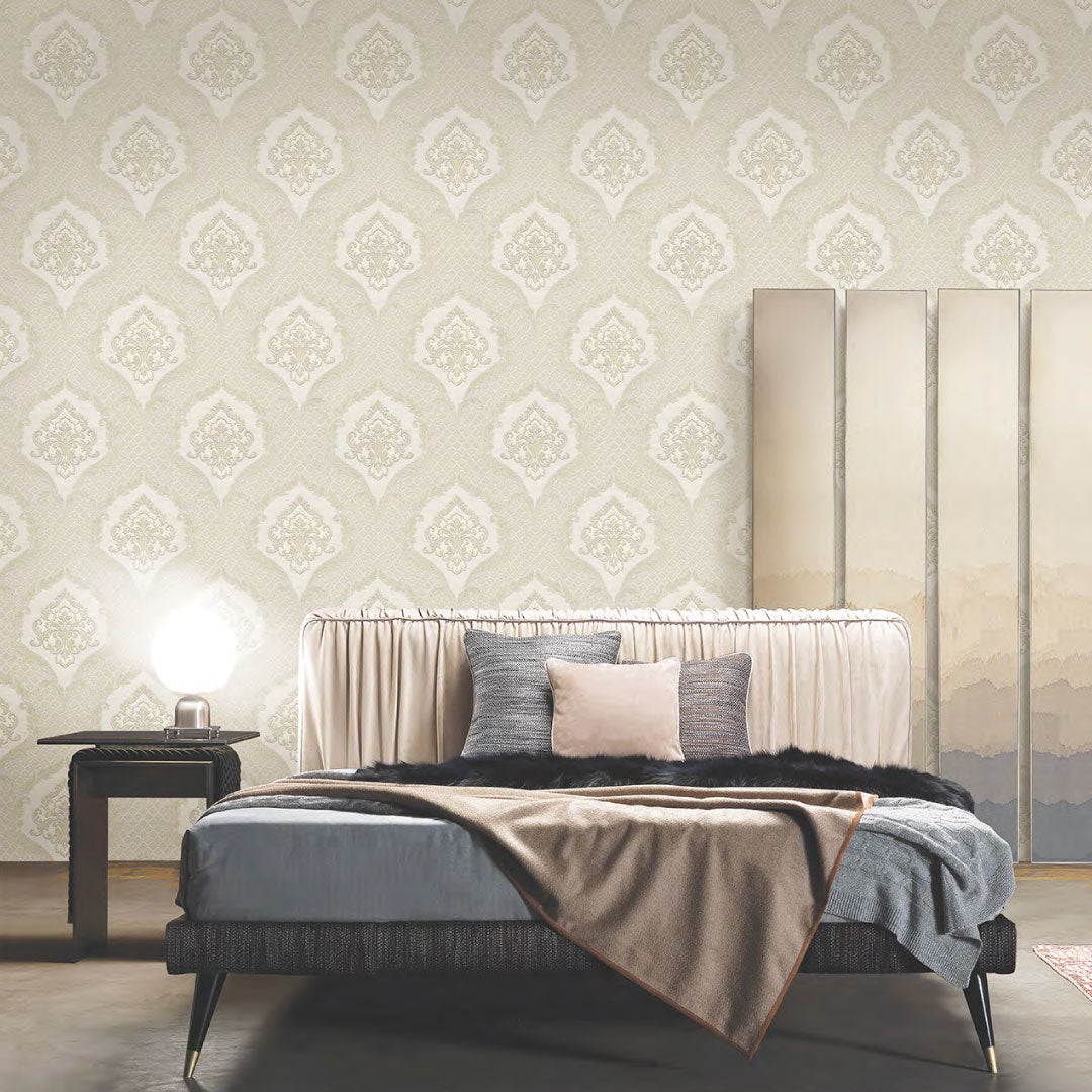 Papel Tapiz Damasco Beige para Dormitorio Elegante – Estilo Clásico y Luminoso