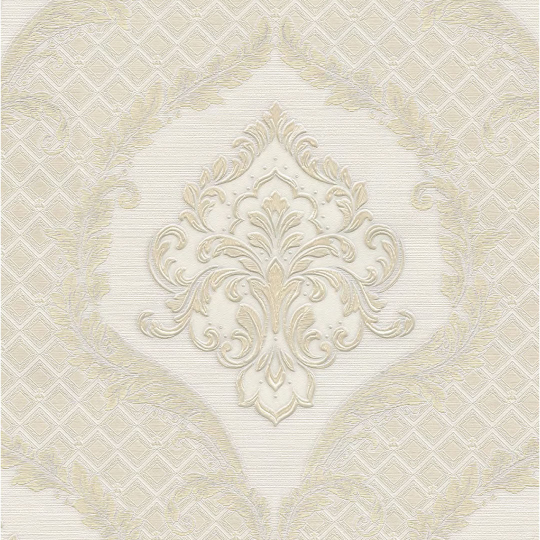 Papel Tapiz Damasco Dorado para Pared Elegante – Relieve Clásico en Tonos Beige