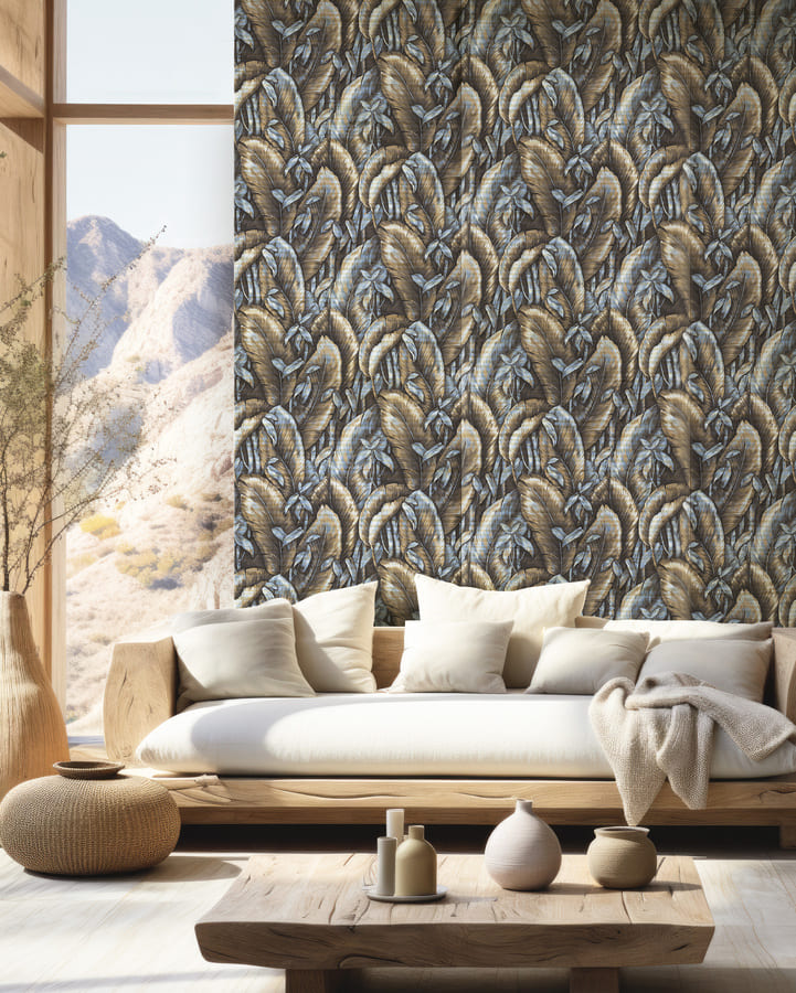 Papel Tapiz Hojas Tropicales Chocolate VOYAGE DB73720 aplicado en pared