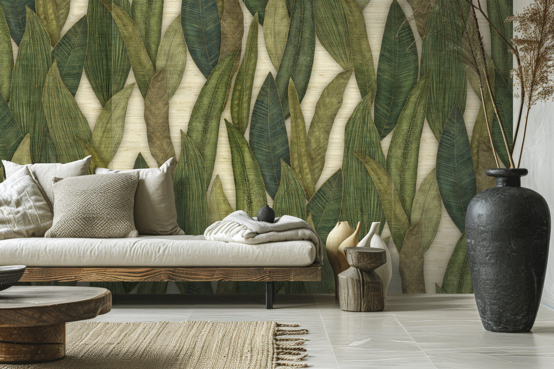 Papel Tapiz Hojas Tropicales Verde Oliva VOYAGE DB73721 aplicado en pared