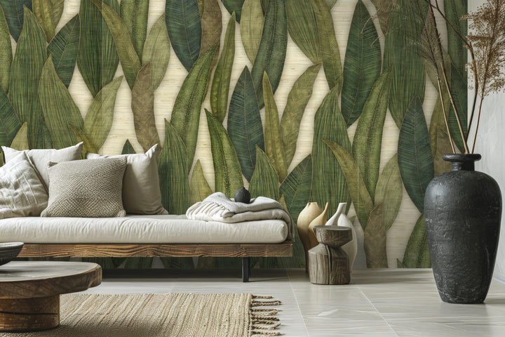 Papel Tapiz Hojas Tropicales Verde Oliva VOYAGE DB73721 aplicado en pared