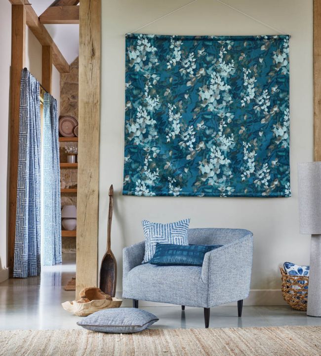 Tela velvet decorativa para cortinas con diseño de hojas – Fantasy Sapphire