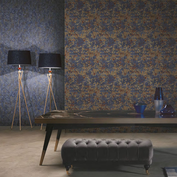 Papel Tapiz Floral Azul Oscuro para Pared Elegante – Estilo Contemporáneo con Detalles Dorados