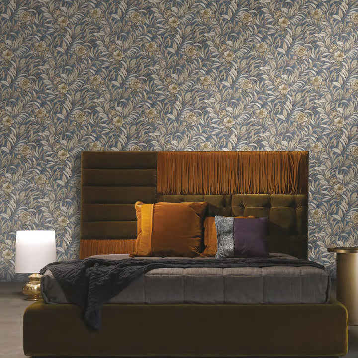 Papel Tapiz Floral Clásico Dorado y Azul – Estilo Natural y Sofisticado para Paredes Elegantes