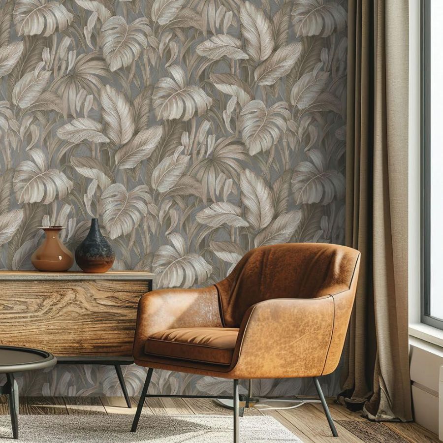 Papel Tapiz Hojas Tropicales Taupe VOYAGE DB73722 aplicado en pared