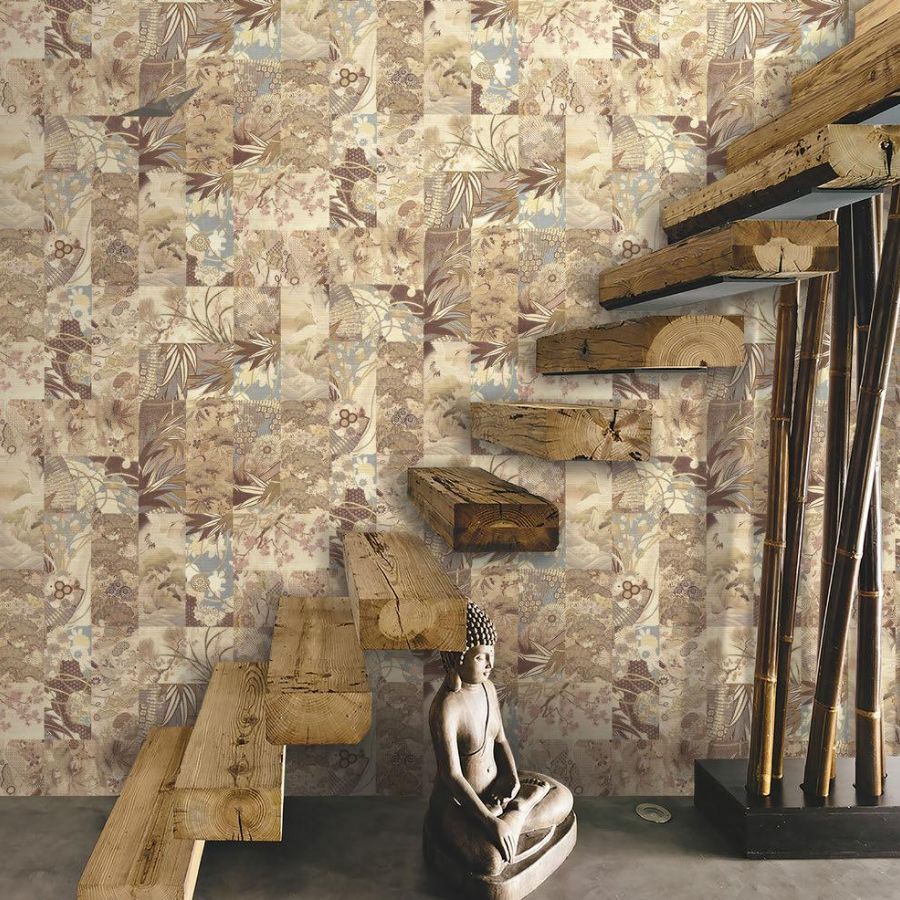 Papel Tapiz Escena Oriental Marfil VOYAGE DB73733 aplicado en pared