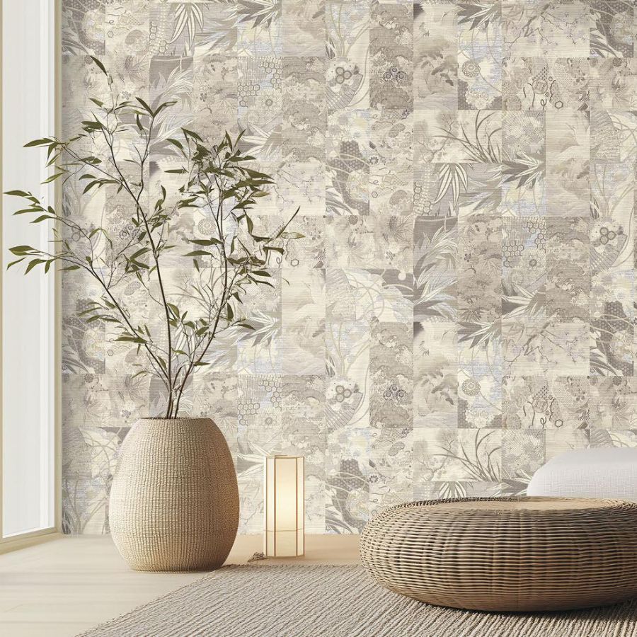 Papel Tapiz Collage Oriental Azulado VOYAGE DB73735 aplicado en pared